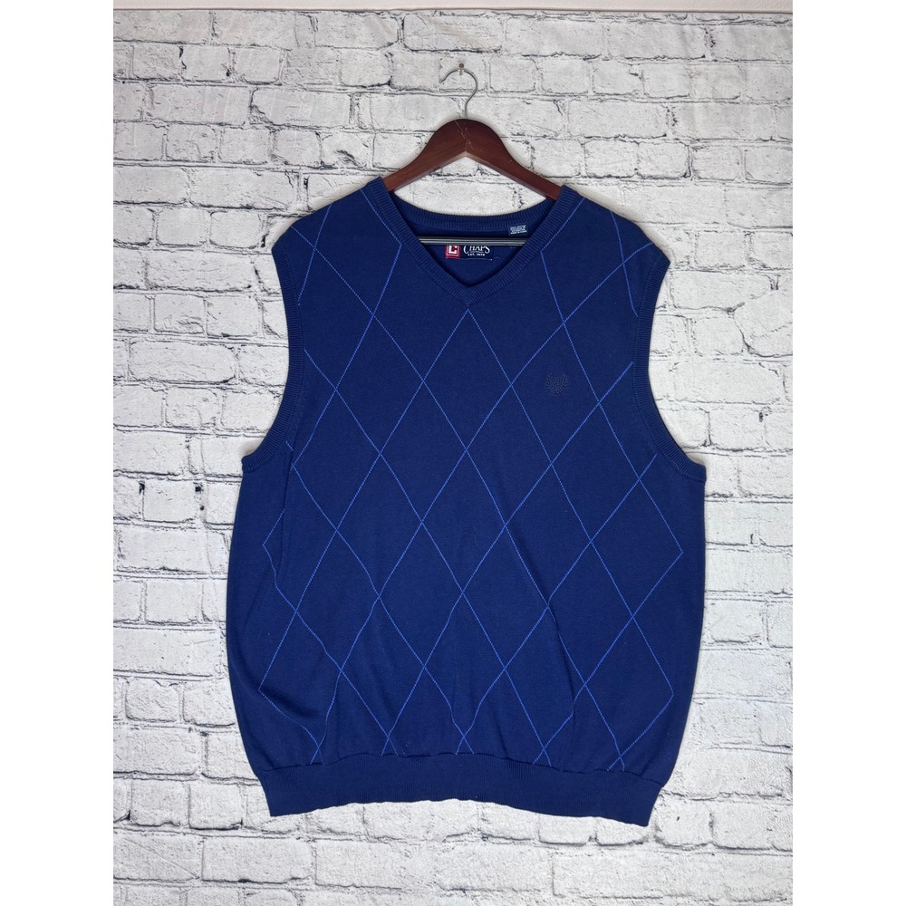 Chaps Mens Navy Blue Argyle Knit Vest L‎ G Cotton Sleeveless Sweater